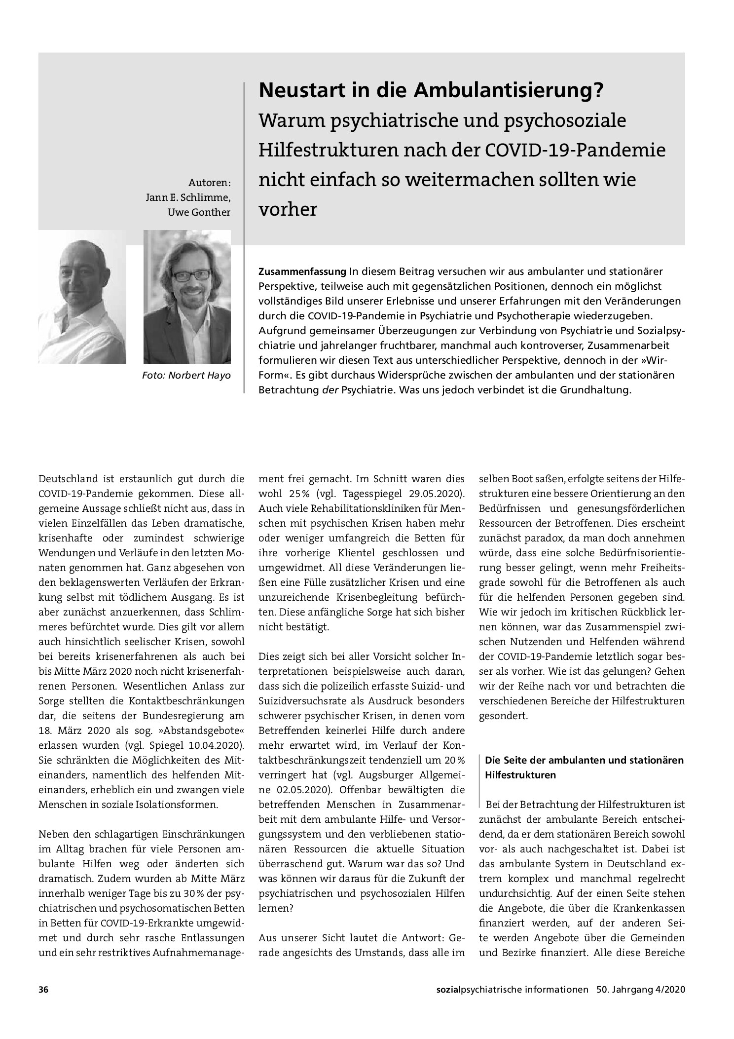 Vorschauseite 1: Neustart in die Ambulantisierung? Warum psychiatrische und psychosoziale Hilfestrukturen nach der COVID-19-Pandemie nicht einfach so weitermachen sollten wie vorher
