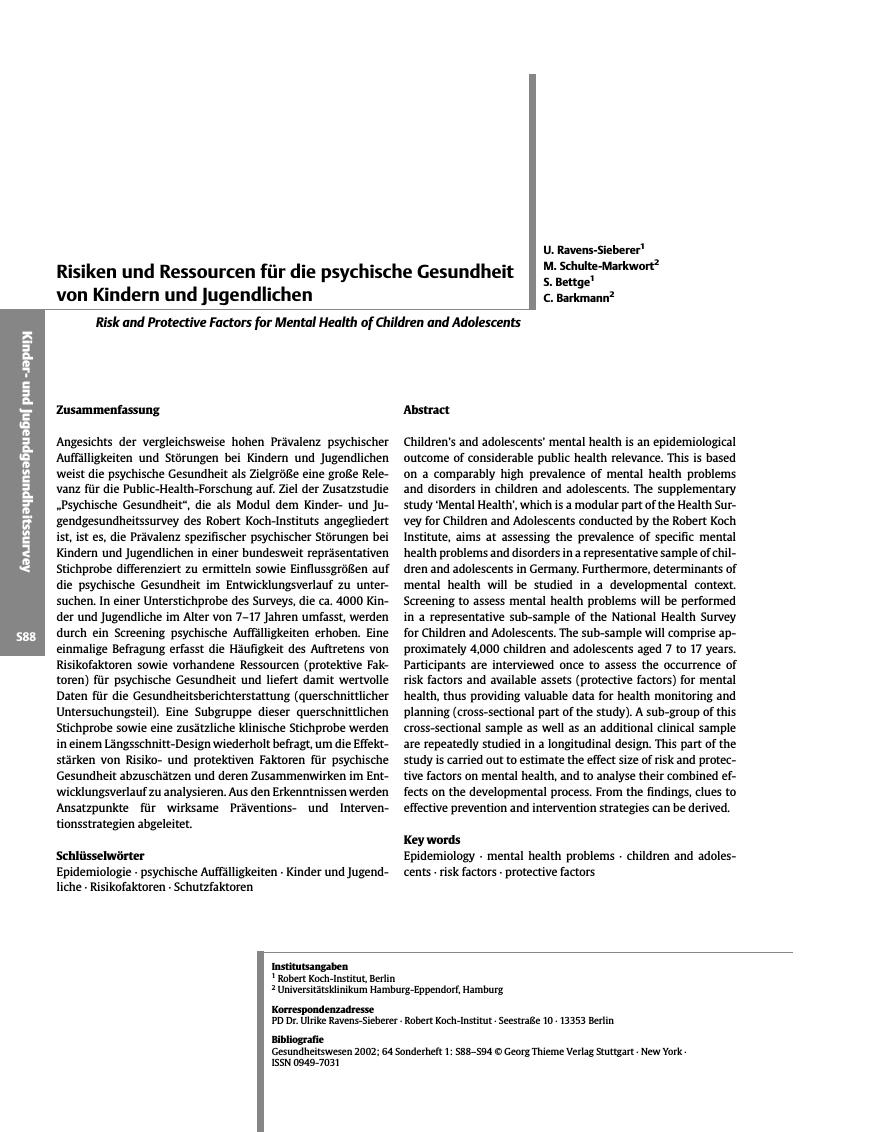 Vorschauseite 1: Risiken und Ressourcen für die psychische Gesundheit von Kindern und Jugendlichen