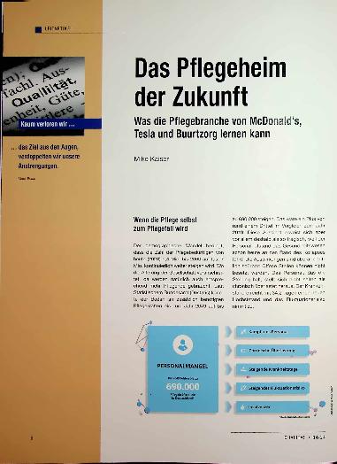 Vorschauseite 1: Das Pflegeheim der Zukunft: Was die Pflegebranche von McDonald’s, Tesla und Buurtzorg lernen kann.