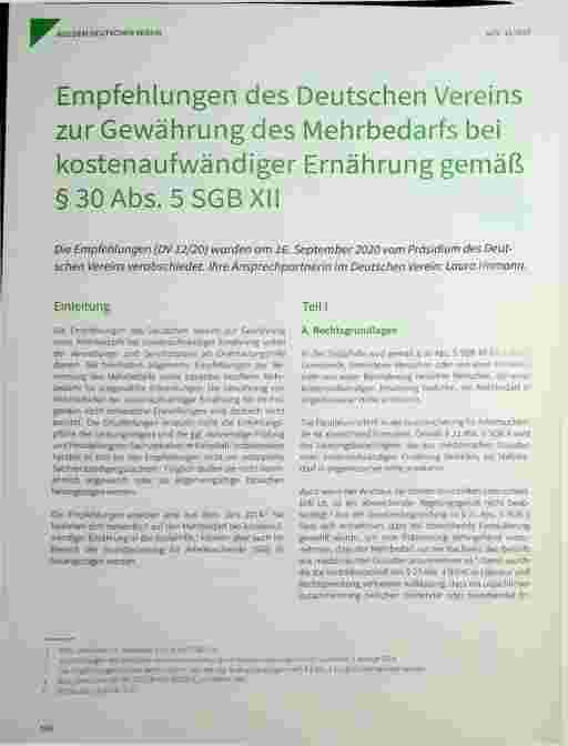 Vorschauseite 1: Empfehlungen des Deutschen Vereins zur Gewährung des Mehrbedarfs bei kostenaufwändiger Ernährung gemäß § 30 Abs. 5 SGB XII