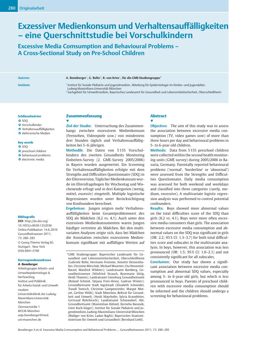 Vorschauseite 1: Exzessiver Medienkonsum und Verhaltensauffälligkeiten – eine Querschnittstudie bei Vorschulkindern