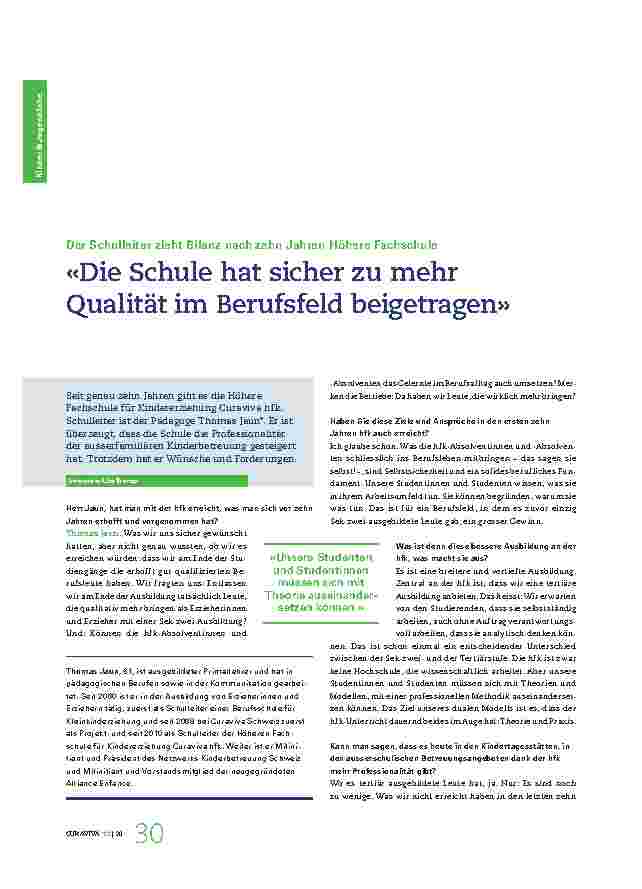 Vorschauseite 1: Der Schulleiter zieht Bilanz nach zehn Jahren Höhere Fachschule. «Die Schule hat sicherlich zu mehr Qualität im Berufsfeld beigetragen.»