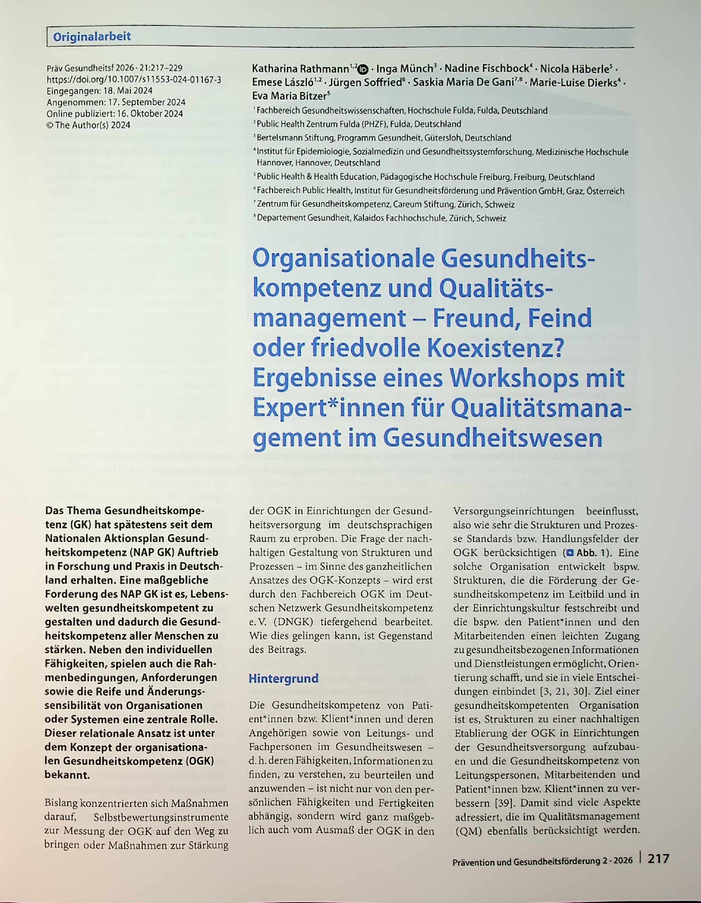 Vorschauseite 1: Organisationale Gesundheitskompetenz und Qualitätsmanagement – Freund, Feind oder friedvolle Koexistenz? Ergebnisse eines Workshops mit Expertinnen für Qualitätsmanagement im Gesu…