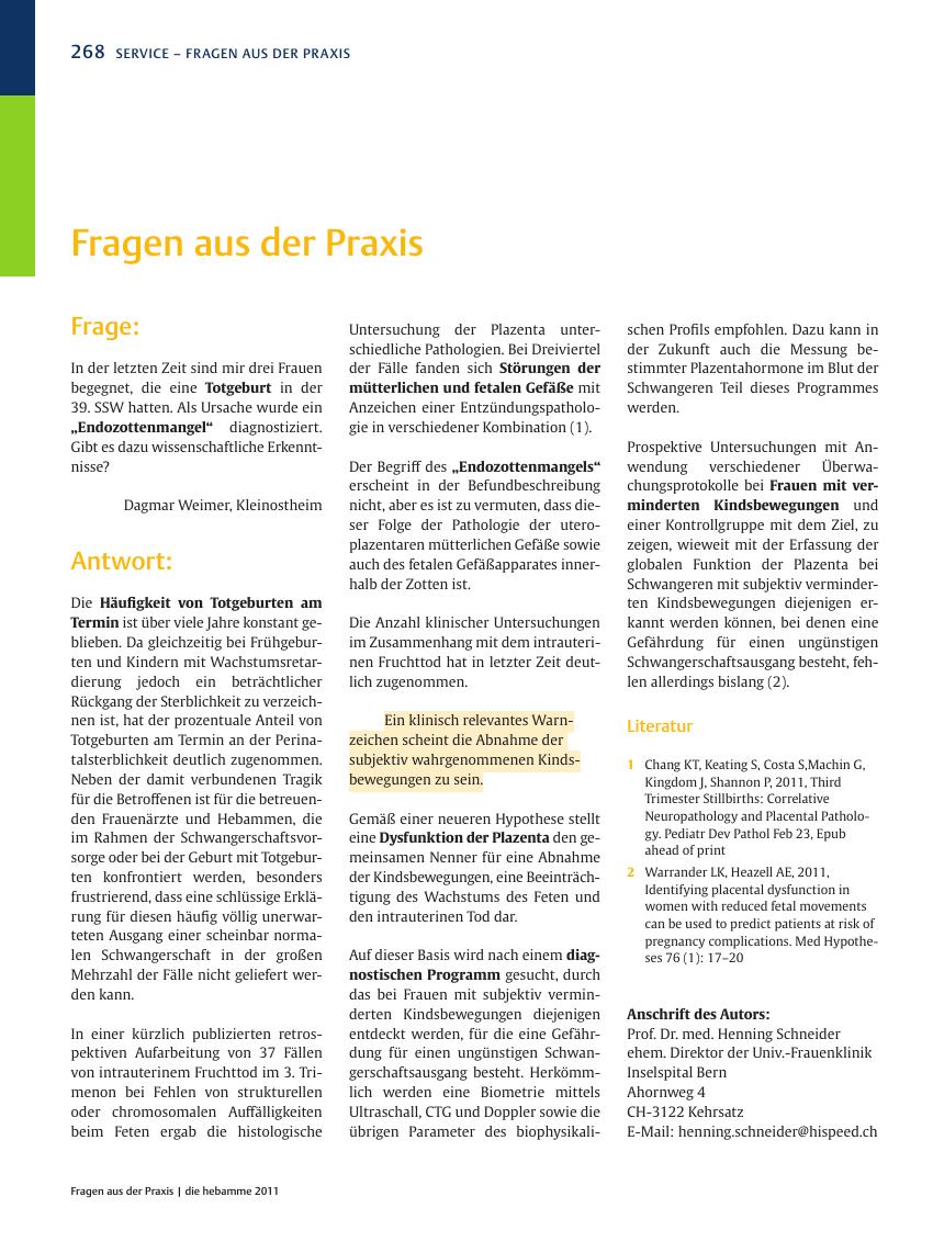 Vorschauseite 1: Fragen aus der Praxis: Totgeburt und Endozottenmangel