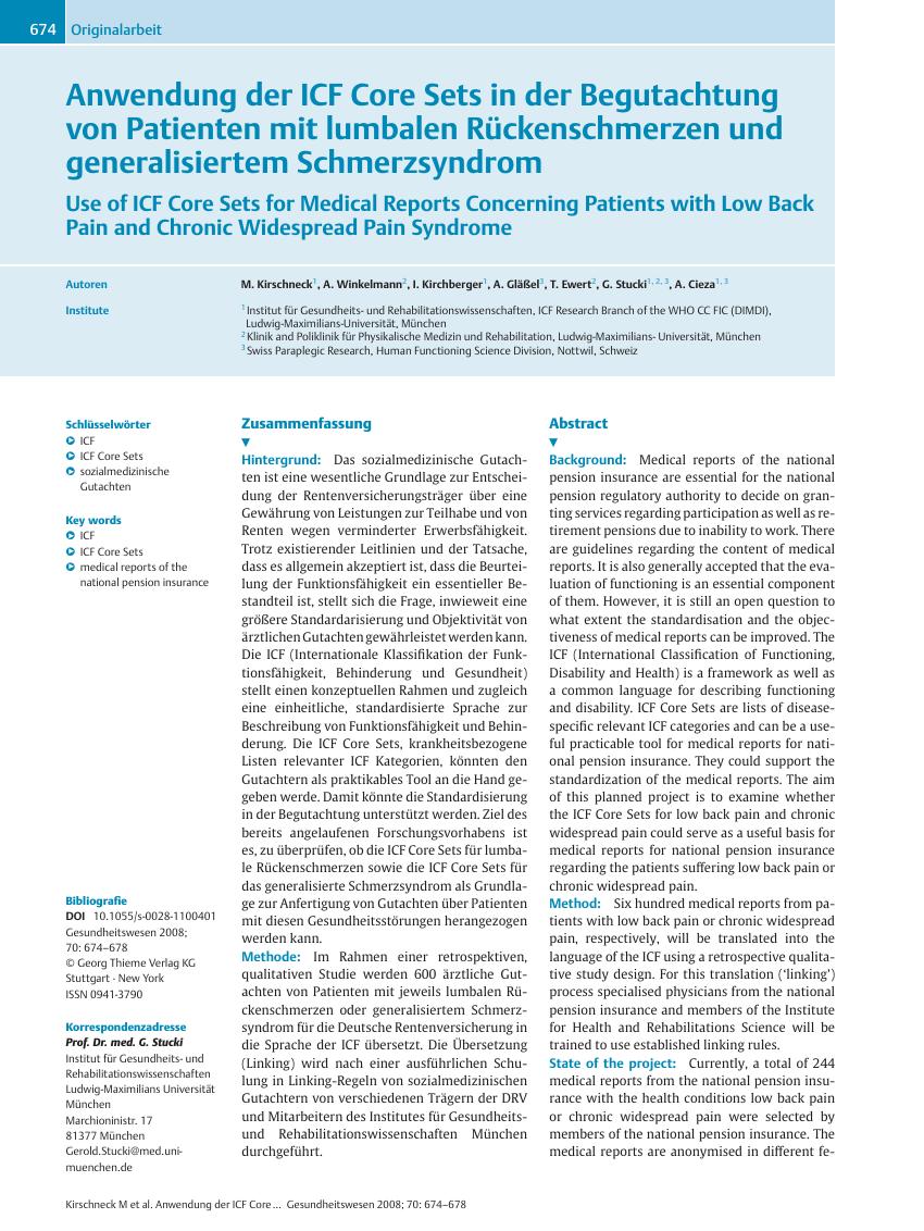 Vorschauseite 1: Anwendung der ICF Core Sets in der Begutachtung von Patienten mit lumbalen Rückenschmerzen und generalisiertem Schmerzsyndrom