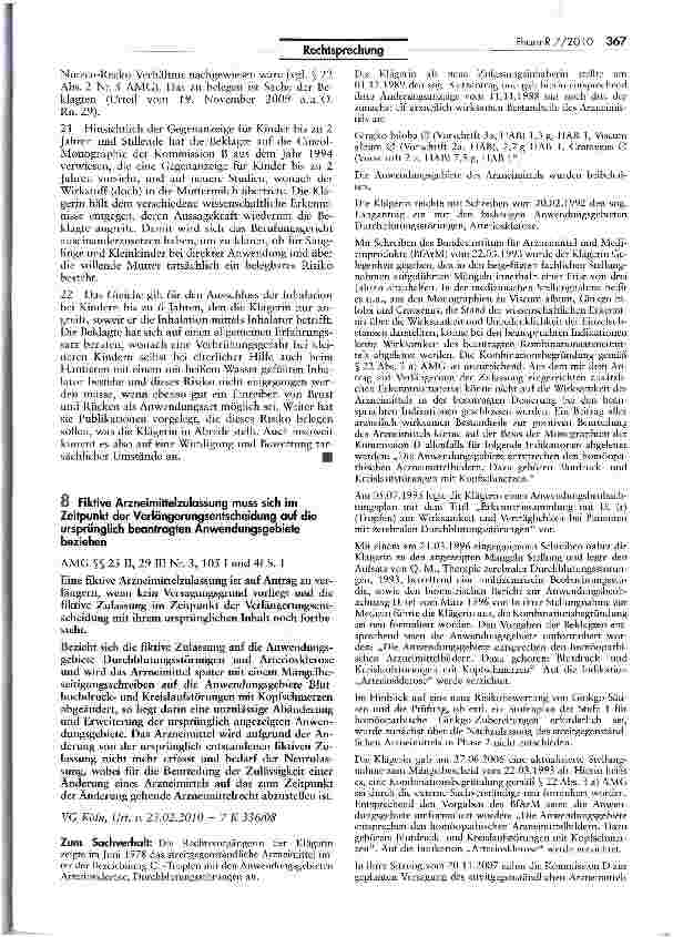 Vorschauseite 1: Fiktive Arzneimittelzulassung muss sich im Zeitpunkt der Verlängerungsentscheidung auf die ursprünglich beantragten Anwendungsgebiete beziehen AMG §§ 25 II, 29 III Nr. 3, 105 I un…