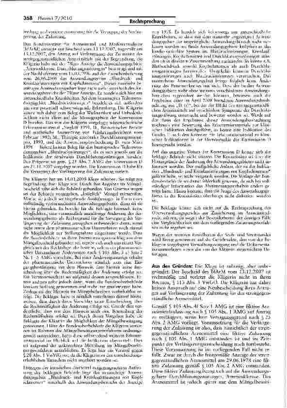 Vorschauseite 2: Fiktive Arzneimittelzulassung muss sich im Zeitpunkt der Verlängerungsentscheidung auf die ursprünglich beantragten Anwendungsgebiete beziehen AMG §§ 25 II, 29 III Nr. 3, 105 I un…