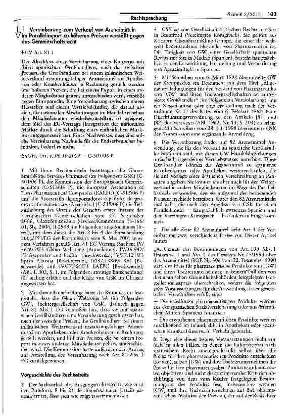 Vorschauseite 1: Vereinbarung zum Verkauf von Arzneimitteln im Parallelimport zu höheren Preisen verstößt gegen das Gemeinschaftsrecht