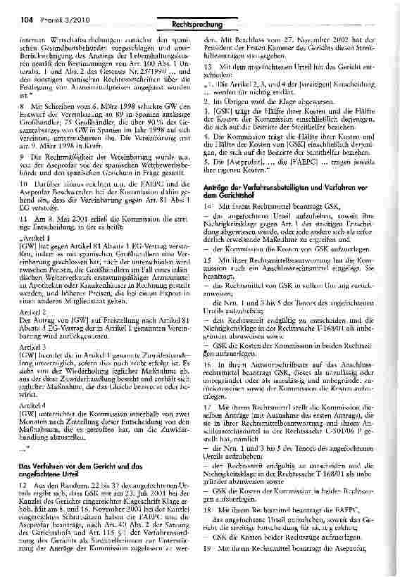 Vorschauseite 2: Vereinbarung zum Verkauf von Arzneimitteln im Parallelimport zu höheren Preisen verstößt gegen das Gemeinschaftsrecht