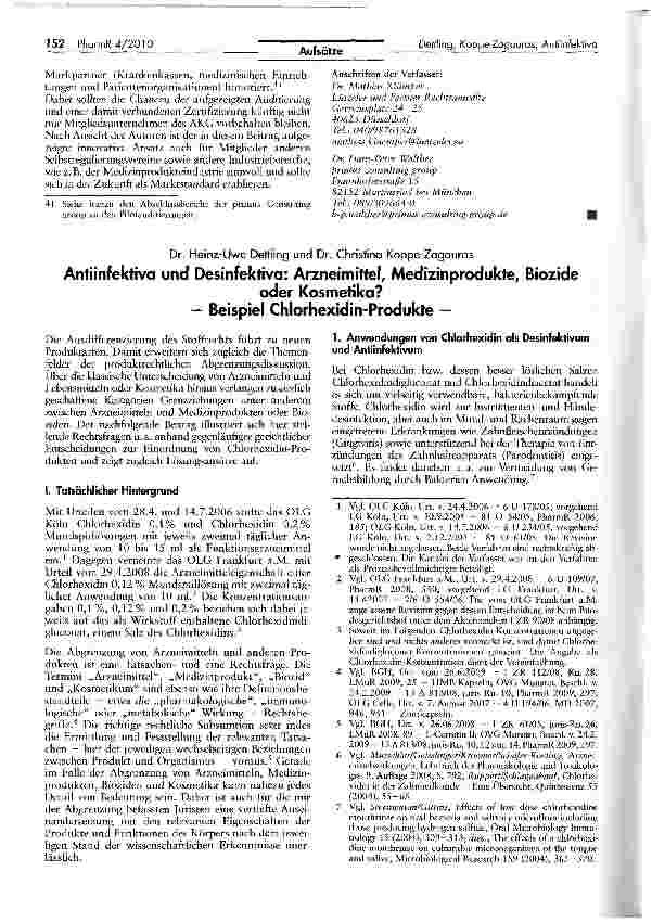 Vorschauseite 1: Antiinfektiva und Desinfektiva: Arzneimittel, Medizinprodukte, Biozideoder Kosmetika? — Beispiel Chlorhexidin-Produkte