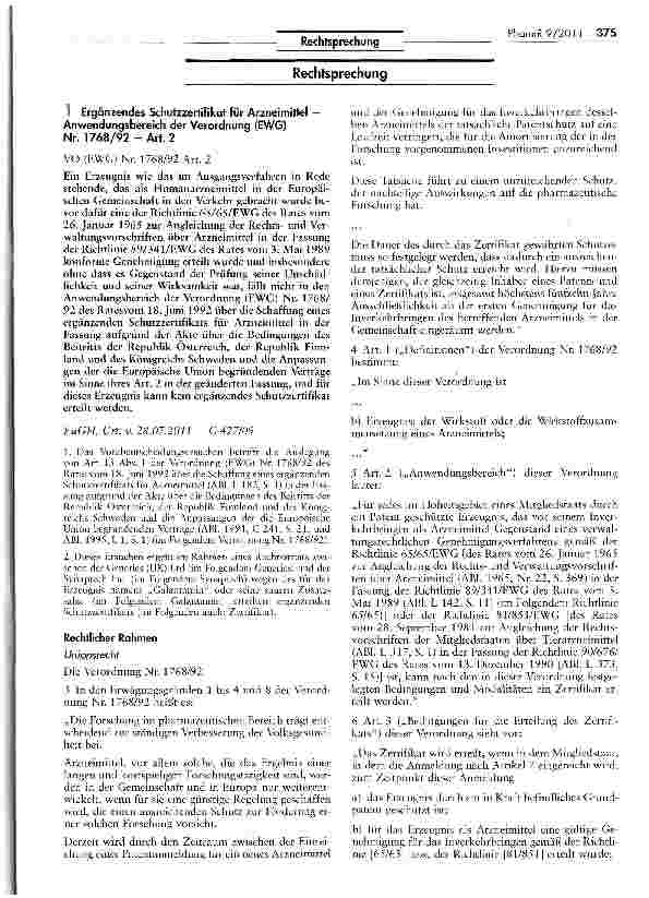 Vorschauseite 1: Ergänzendes Schutzzertifikat für Arzneimittel -Anwendungsbereich der Verordnung (EWG) Nr. 1768/92