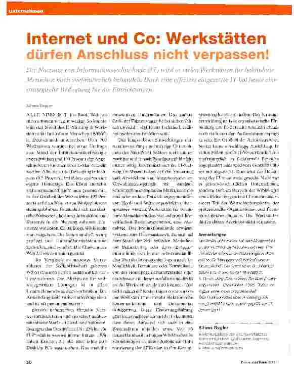 Vorschauseite 1: Internet und Co: Werkstättendürfen Anschluss nicht verpassen!