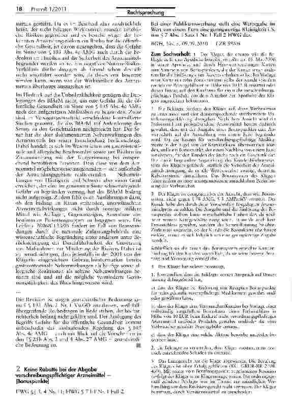 Vorschauseite 1: Keine Rabatte bei der Abgabe verschreibungspflichtiger Arzneimittel — (Bonuspunkte)UWG §S 3, 4 Nr. 11; HWG §711 Nr. 1 Fall 2