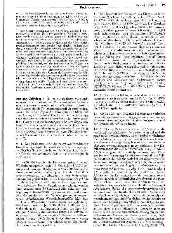 Vorschauseite 2: Keine Rabatte bei der Abgabe verschreibungspflichtiger Arzneimittel — (Bonuspunkte)UWG §S 3, 4 Nr. 11; HWG §711 Nr. 1 Fall 2