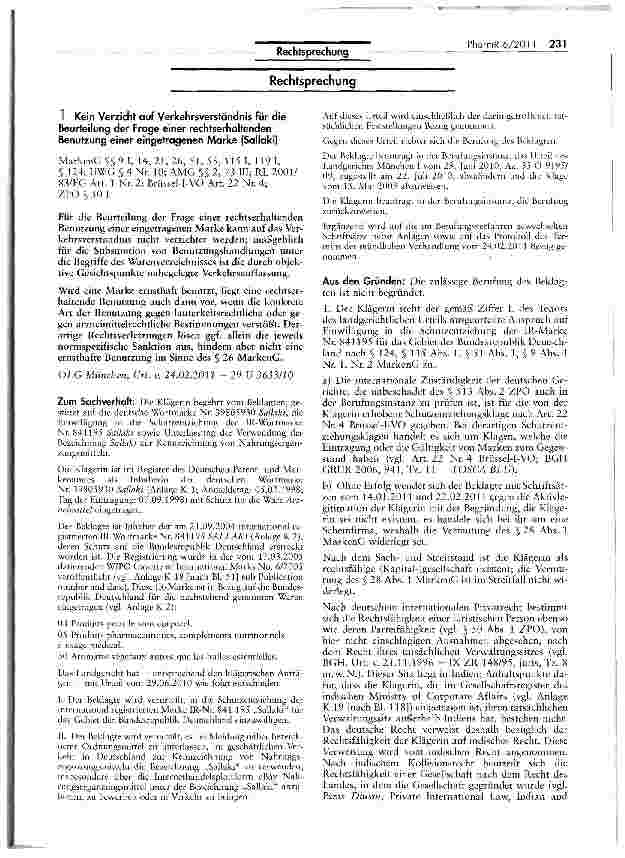 Vorschauseite 1: Kein Verzicht auf Verkehrsverständnis für die Beurteilung der Frage einer rechtserhaltenden Benutzung einer eingetragenen Marke (Sallaki)MarkenG §^ 9 I, 14,21,26, 51, 55, 115 I, 1…
