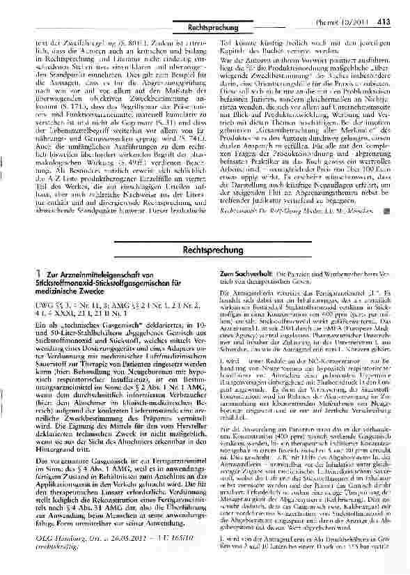 Vorschauseite 1: Zur Arzneinmitteleigenschaft von Stickstoffmonoxid-Stickstoffgasgemischen für medizinische Zwecke UWG $S 3, 4 Nr. 11, 8; AMG §§ 2 I Nr. 1, 2 I Nr. 2, 4 I, 4 XXXI, 21 I, 21 II Nr. 1
