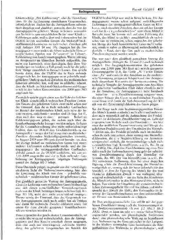 Vorschauseite 5: Zur Arzneinmitteleigenschaft von Stickstoffmonoxid-Stickstoffgasgemischen für medizinische Zwecke UWG $S 3, 4 Nr. 11, 8; AMG §§ 2 I Nr. 1, 2 I Nr. 2, 4 I, 4 XXXI, 21 I, 21 II Nr. 1