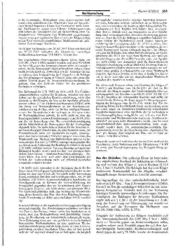Vorschauseite 2: Zur Ausgabe von Apotheken-Werbegaben („Apotheken-Taler) bei verschreibungspflichtigen und damit preisgebundenen Arzneimitteln AMG S$ 69 II, 78; AMPreisV § 3; RL 2001/83/EG Art 94;…