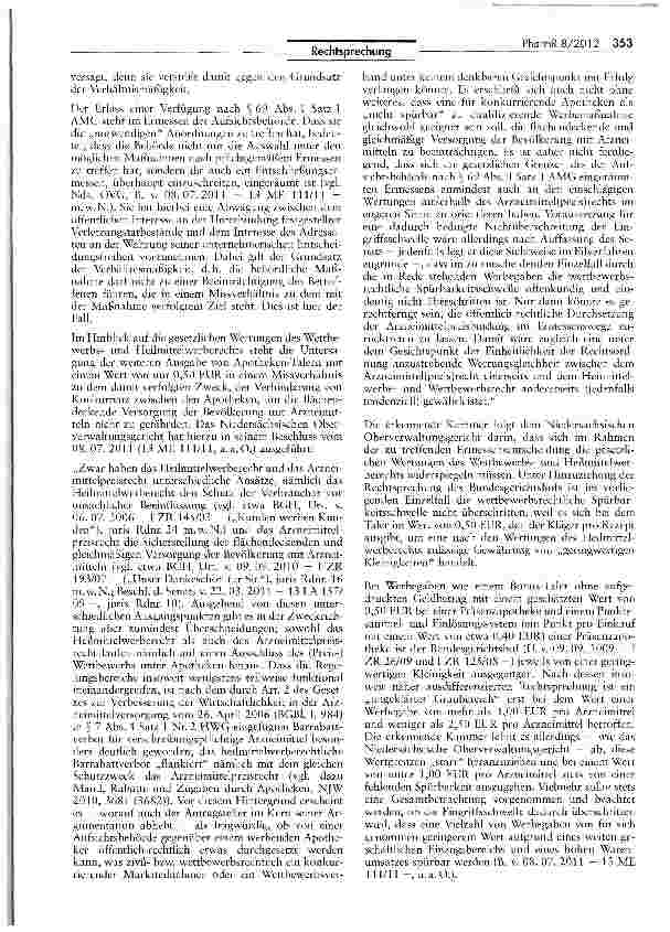 Vorschauseite 4: Zur Ausgabe von Apotheken-Werbegaben („Apotheken-Taler) bei verschreibungspflichtigen und damit preisgebundenen Arzneimitteln AMG S$ 69 II, 78; AMPreisV § 3; RL 2001/83/EG Art 94;…