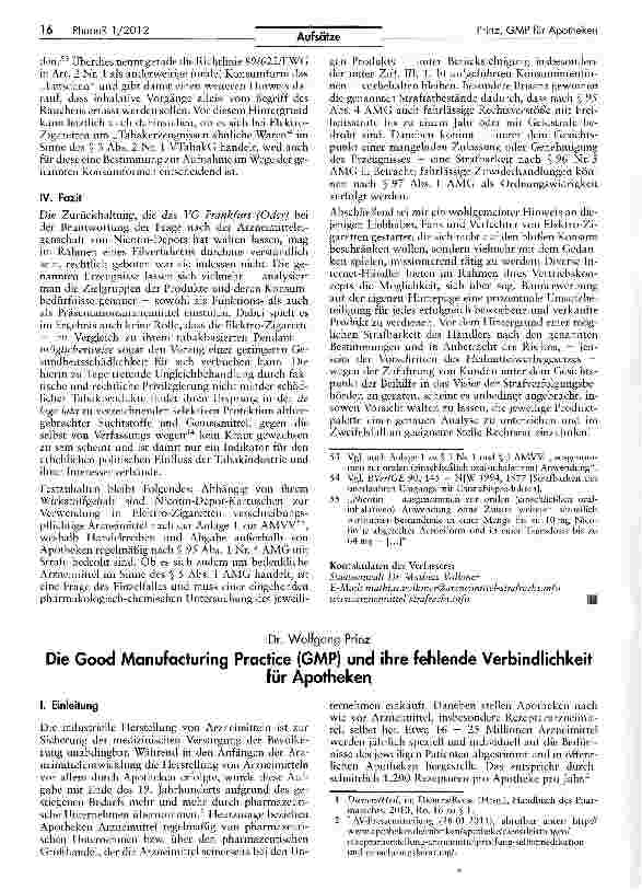 Vorschauseite 1: Die Good Manufacturing Practice (GMP) und ihre fehlende Verbindlichkeit für Apotheken