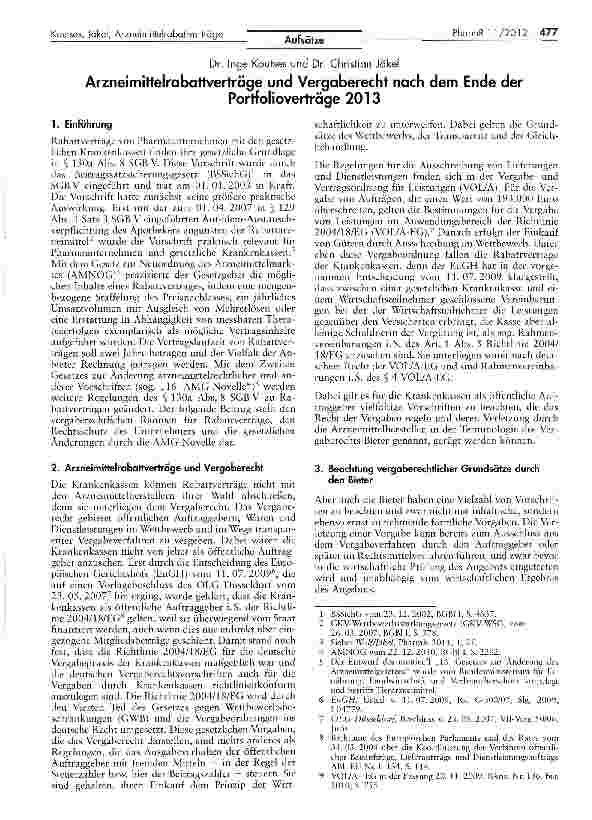 Vorschauseite 1: Arzneimittelrabattverträge und Vergaberecht nach dem Ende der Portfolioverträge 2013
