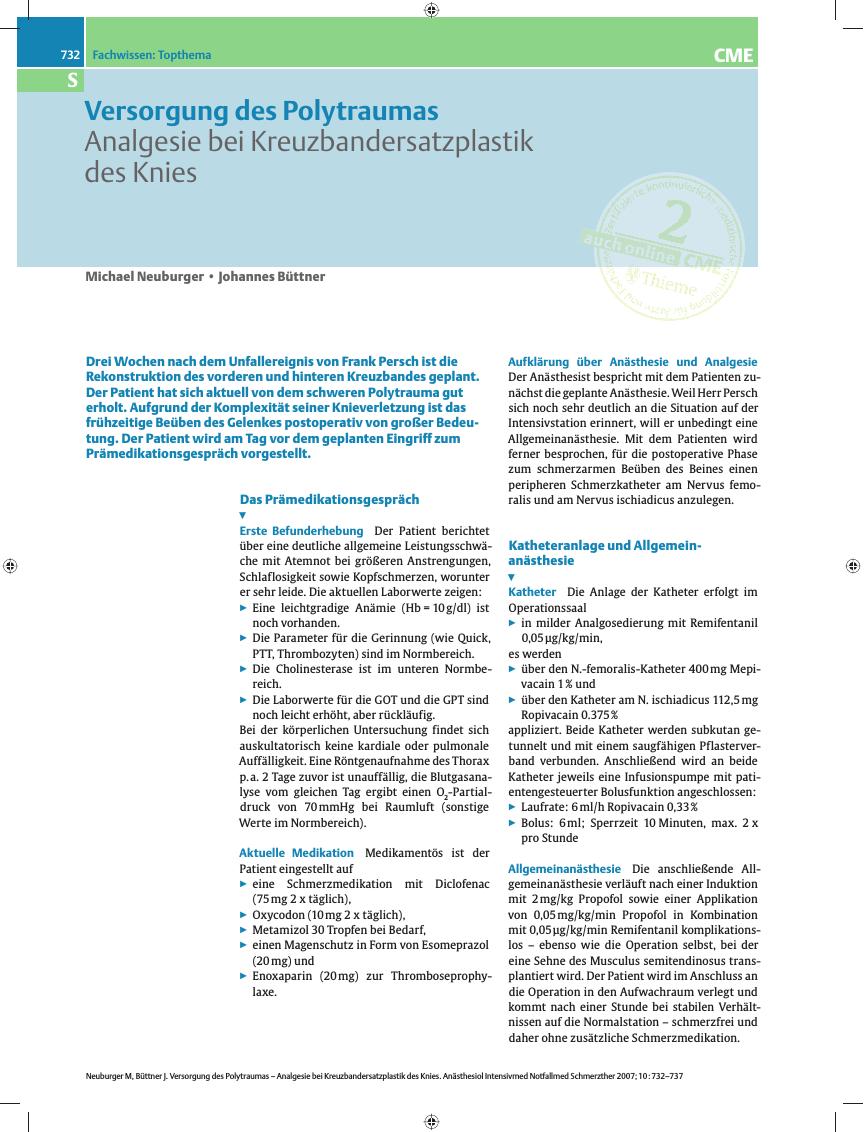 Vorschauseite 1: Analgesie bei Kreuzbandersatzplastik des Knies