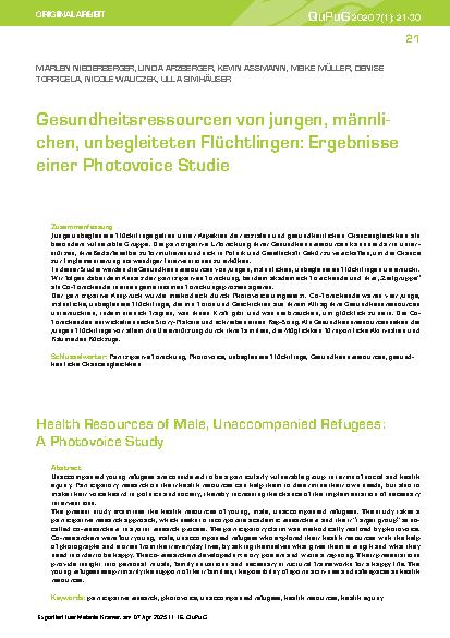 Vorschauseite 1: Gesundheitsressourcen von jungen, männlichen, unbegleiteten Flüchtlingen: Ergebnisse einer Photovoice Studie