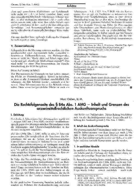 Vorschauseite 1: Die Rechtsfolgenseite des § 84a Abs. 1 AMG - Inhalt und Grenzen des arzneimittellrechtlichen Auskunftsanspruchs