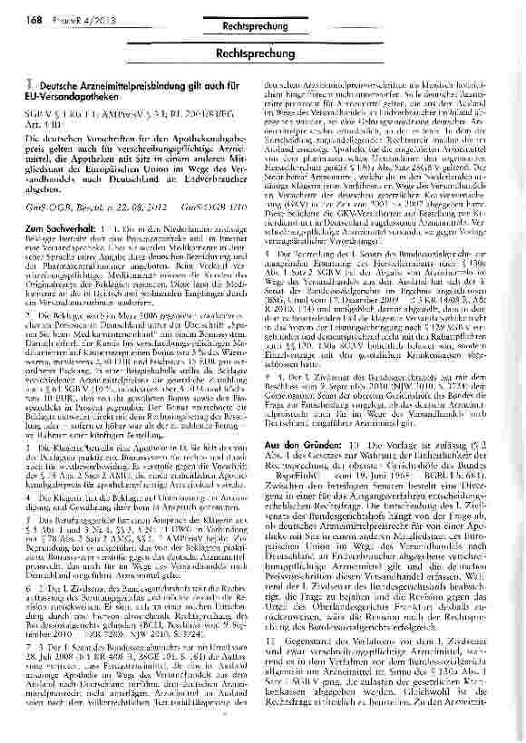 Vorschauseite 1: Deutsche Arzneimittelpreisbindung gilt auch für EU-Versandapotheken SGB V 130a T 1; AMPreisV § 3 I; RL 2001/83/EG Arr. 4 III