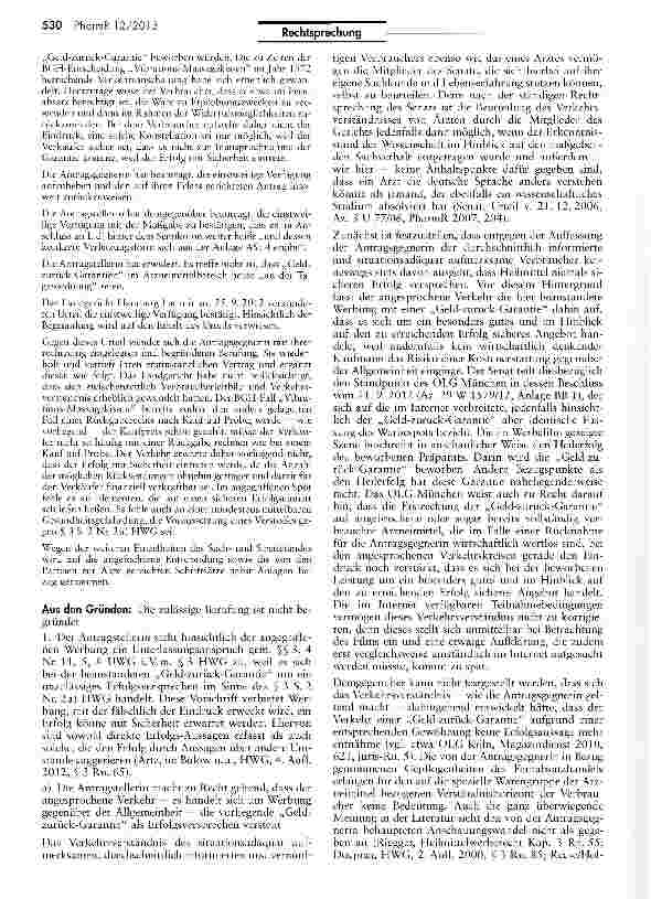 Vorschauseite 2: Unzulässige Geld-zurück-Garantie mit Erfolgsversprechen (Canesten ® Extra) UWG S$ 3, 4 Nr. 11, 5, 8 i.V.m. HWG §3