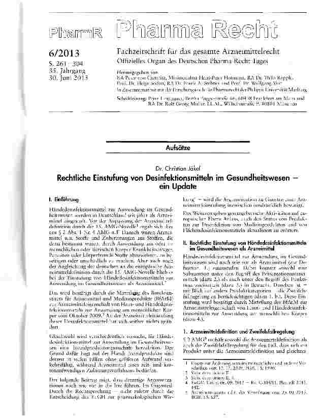 Vorschauseite 1: Rechtliche Einstufung von Desinfektionsmitteln im Gesundheitswesen -ein Update