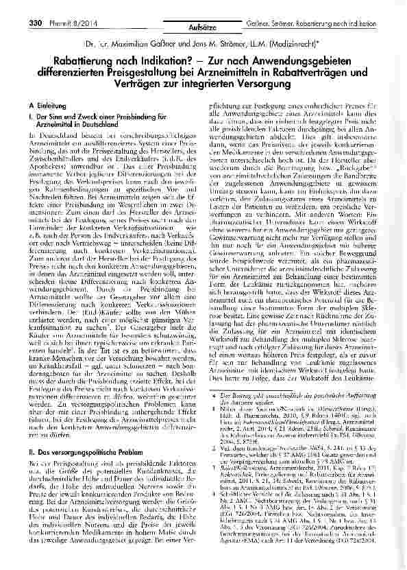 Vorschauseite 1: Rabattierung nach Indikation? - Zur nach Anwendungsgebieten differenzierten Preisgestaltung bei Arzneimitteln in Rabattverträgen und Verträgen zur integrierten Versorgung