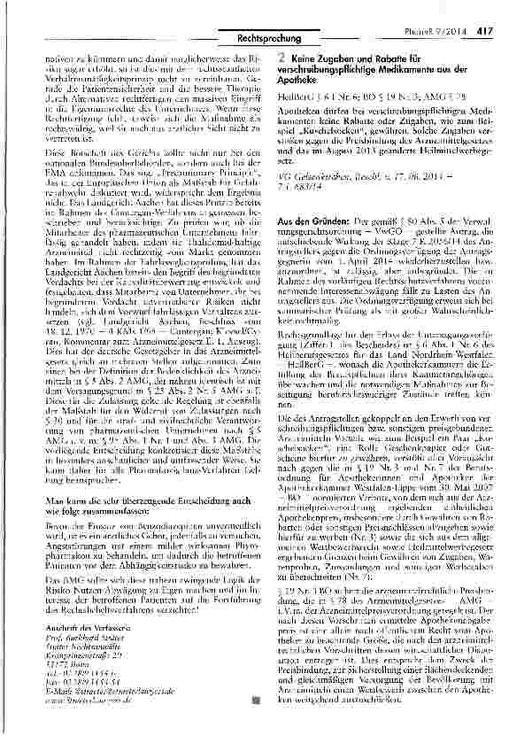 Vorschauseite 1: Keine Zugaben und Rabatte für verschreibungspflichtige Medikamente aus der ApothekeHeilBerG § 6 I Nr. 6; BO $ 19 Nr. 3; AMG § 78