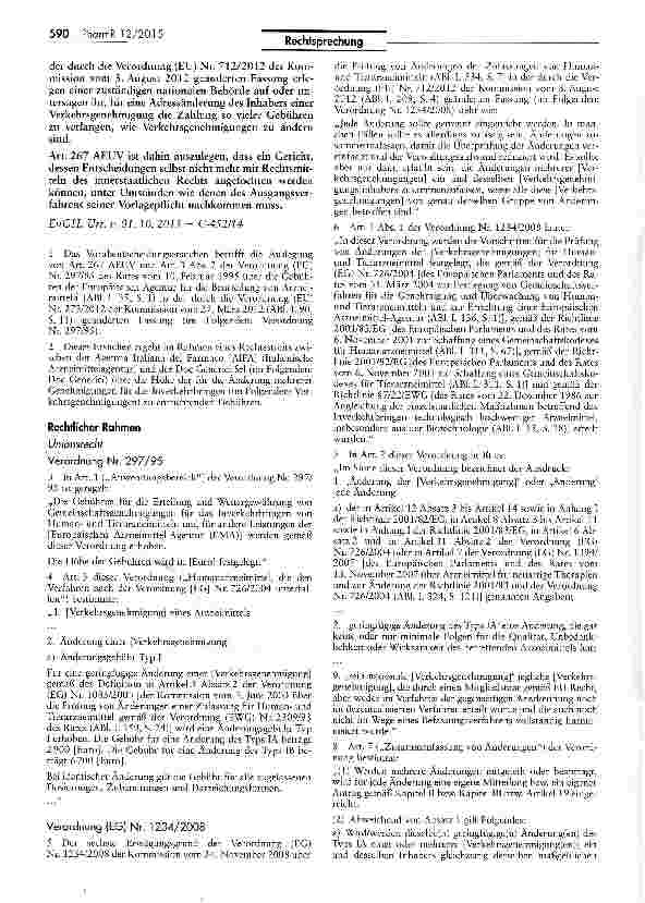 Vorschauseite 2: Gebührenhöhe bei Adressänderung des Inhabers einer ArzneimittelzulassungAEUV Art. 267; VO (EG) Nr. 297/95 Art. 3 II