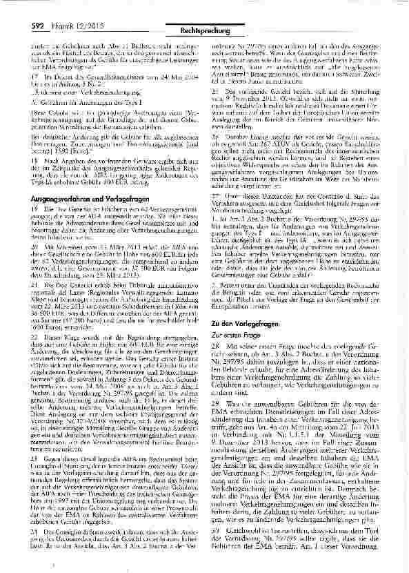 Vorschauseite 4: Gebührenhöhe bei Adressänderung des Inhabers einer ArzneimittelzulassungAEUV Art. 267; VO (EG) Nr. 297/95 Art. 3 II