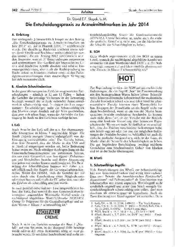 Vorschauseite 1: Die Entscheidungspraxis zu Arzneimittelmarken im Jahr 2014