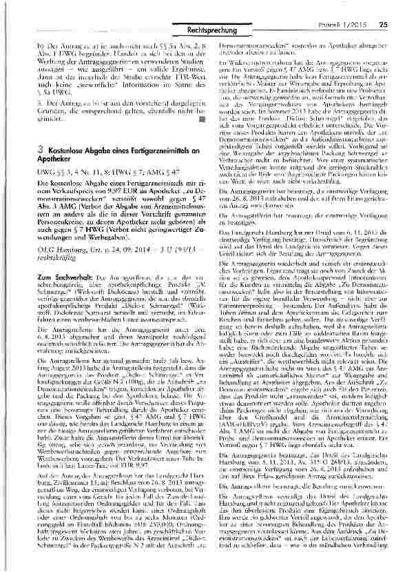 Vorschauseite 1: Kostenlose Abgabe eines Fertigarzneimittels an Apotheker UWG §§ 3, 4 Nr. 11, 8; HWG § 7; AMG $ 47