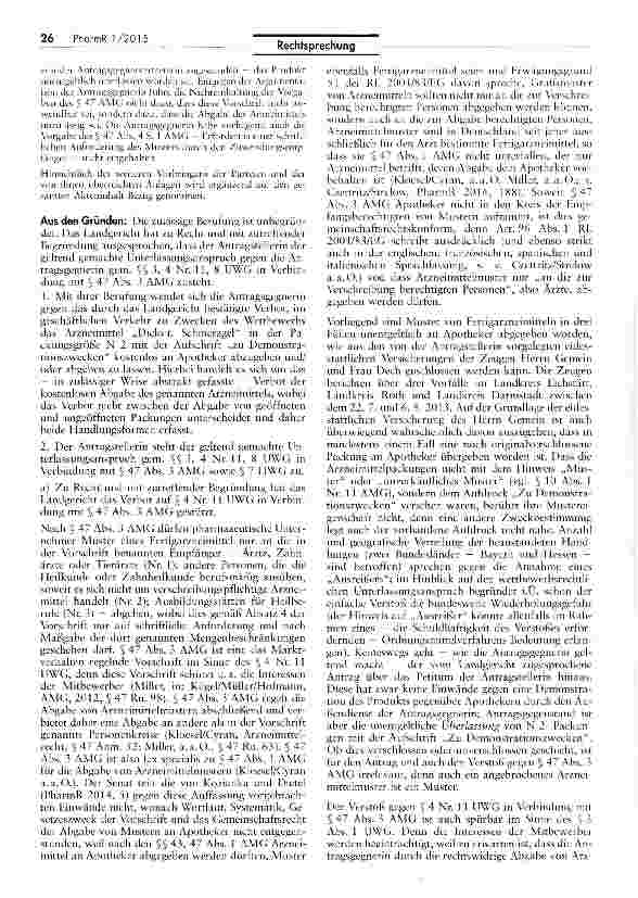 Vorschauseite 2: Kostenlose Abgabe eines Fertigarzneimittels an Apotheker UWG §§ 3, 4 Nr. 11, 8; HWG § 7; AMG $ 47