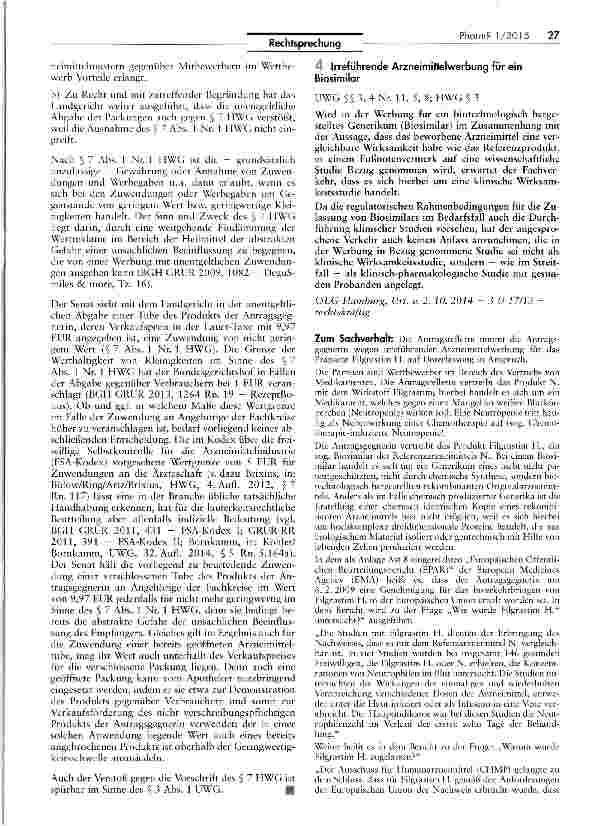 Vorschauseite 3: Kostenlose Abgabe eines Fertigarzneimittels an Apotheker UWG §§ 3, 4 Nr. 11, 8; HWG § 7; AMG $ 47