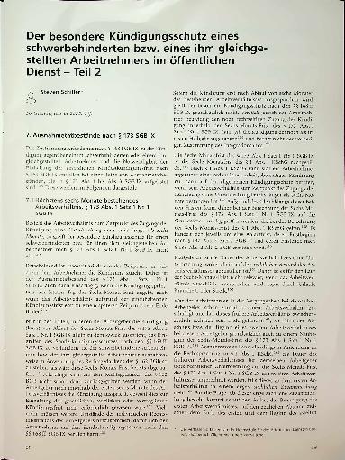 Vorschauseite 1: Der besondere Kündigungsschutz eines Schwerbehinderten bzw. eines ihm gleichge stellten Arbeitnehmers im öffentlichen Dienst - Teil 2