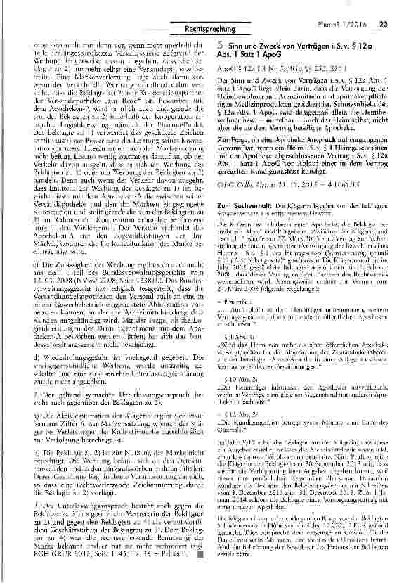 Vorschauseite 1: Sinn und Zweck von Verträgen i. S. v. § 12a Abs. 1 Satz 1 ApoG ApoG § 12a I 3 Nr. 5; BGB §§ 252, 280 I
