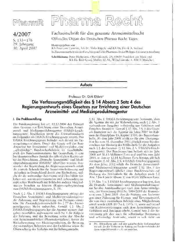 Vorschauseite 1: Die Verfassungsmäßigkeit des § 14 Absatz 2 Satz 4 desRegierungsentwurfs eines Gesetzes zur Errichtung einer Deutschen Arzneimittelund Medizinprodukteagentur
