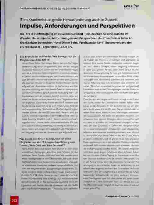Vorschauseite 1: IT im Krankenhaus: große Herausforderung auch in Zukunft. Impulse, Anforderungen und Perspektiven.