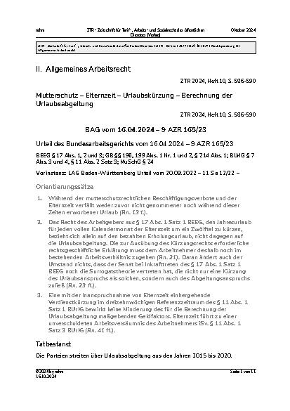 Vorschauseite 1: II. Allgemeines Arbeitsrecht Mutterschutz – Elternzeit – Urlaubskürzung – Berechnung der Urlaubsabgeltung
