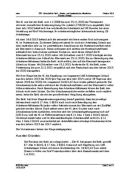 Vorschauseite 2: II. Allgemeines Arbeitsrecht Mutterschutz – Elternzeit – Urlaubskürzung – Berechnung der Urlaubsabgeltung