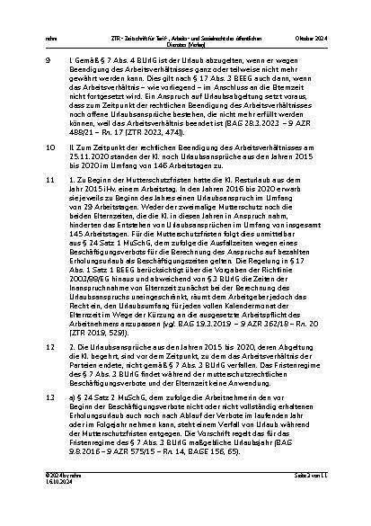 Vorschauseite 3: II. Allgemeines Arbeitsrecht Mutterschutz – Elternzeit – Urlaubskürzung – Berechnung der Urlaubsabgeltung