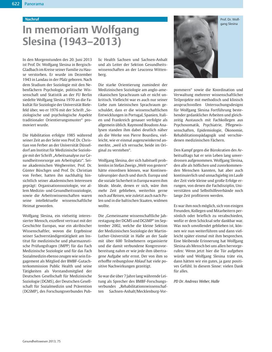 Vorschauseite 1: In memoriam Wolfgang Slesina (1943–2013)