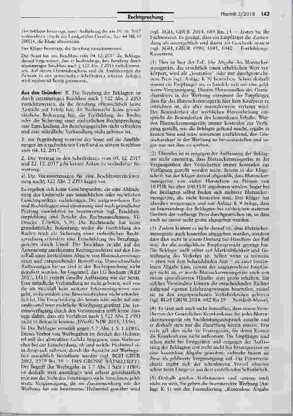 Vorschauseite 2: Unzulässigkeit der kostenlosen Abgabe von Blutzuckermessgeräten