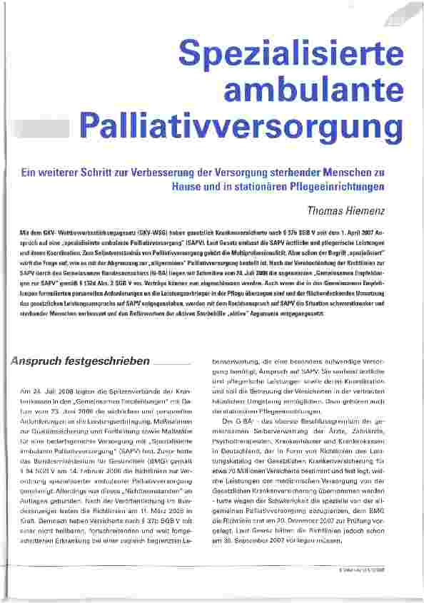 Vorschauseite 1: Spezialisierte ambulante PalliativversorgungEin weiterer Schritt zur Verbesserung der Versorgung sterbender Menschen zu Hause und in stationären Pflegeeinrichtungen
