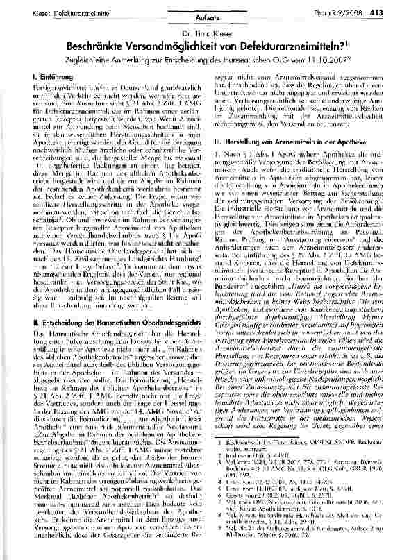 Vorschauseite 1: Beschränkte Versandmöglichkeit von Defekturarzneimitteln? Zugleich eine Anmerkung zur Entscheidung des Hanseatischen OLG vom 11. 10. 2007